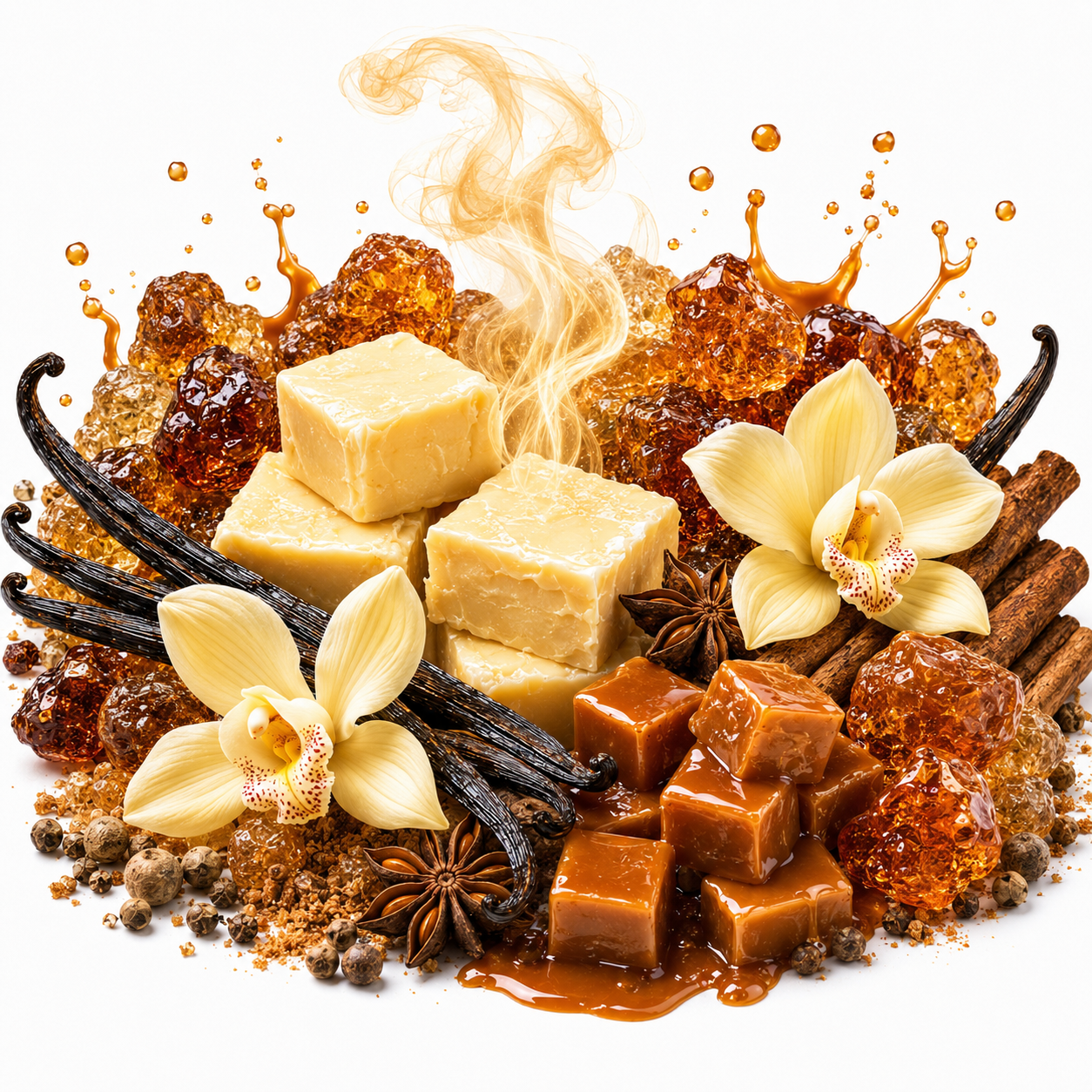 A styled food arrangement on a white background featuring pale buttery cubes, amber caramel cubes, dark brown sugar crystals, vanilla beans, cinnamon sticks, star anise, and two cream orchid flowers with amber syrup and steam effects.