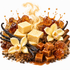 A styled food arrangement on a white background featuring pale buttery cubes, amber caramel cubes, dark brown sugar crystals, vanilla beans, cinnamon sticks, star anise, and two cream orchid flowers with amber syrup and steam effects.
