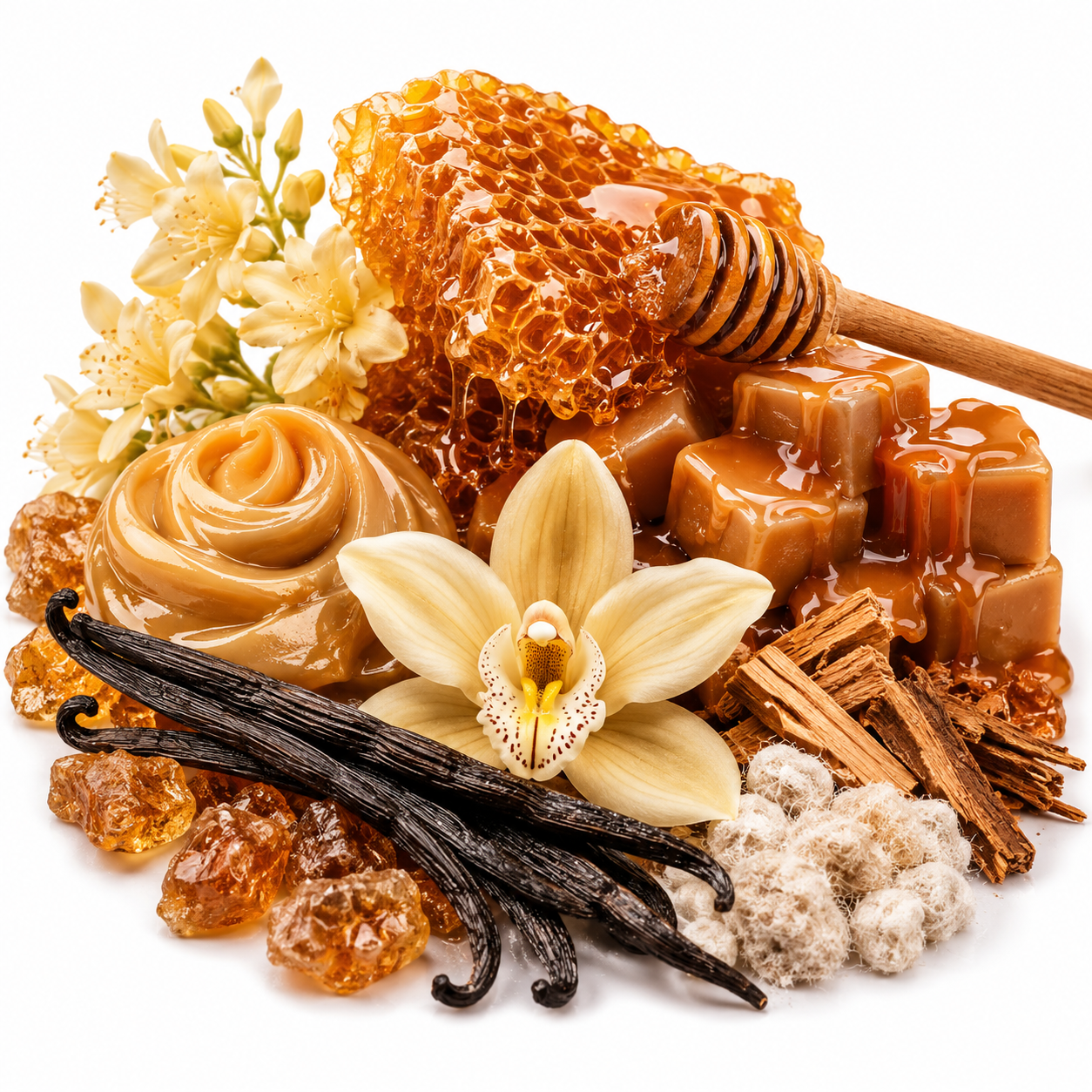 A styled arrangement of honey and vanilla ingredients on a white background, including a honeycomb dipper, dripping honey, honey cubes, vanilla beans, vanilla extract swirl, vanilla crystals, dried flowers, and vanilla pods.