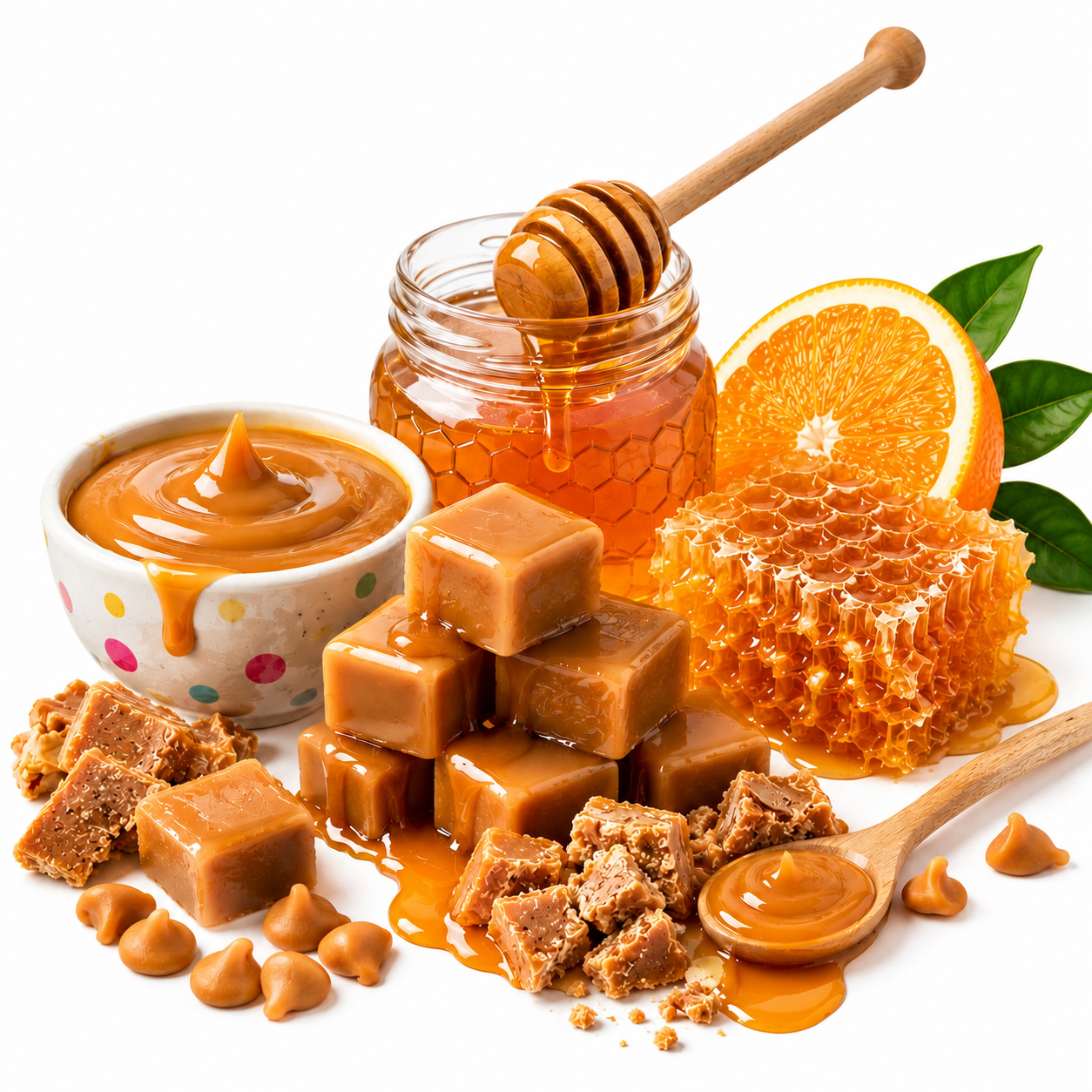 Caramel candies, a jar of honey with a wooden dipper, a bowl of caramel sauce, a honeycomb piece, a sliced orange, and a wooden spoon on a white background.