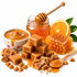 Caramel candies, a jar of honey with a wooden dipper, a bowl of caramel sauce, a honeycomb piece, a sliced orange, and a wooden spoon on a white background.