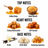 A fragrance notes graphic on a white background with the headings TOP NOTES, HEART NOTES, and BASE NOTES. Top notes shown are Golden Honey with a honey dipper and honeycomb, Sweet Warmth with a bowl of brown sugar, Creamy Butterscotch with caramel cubes, and Soft Caramel with caramel cubes.