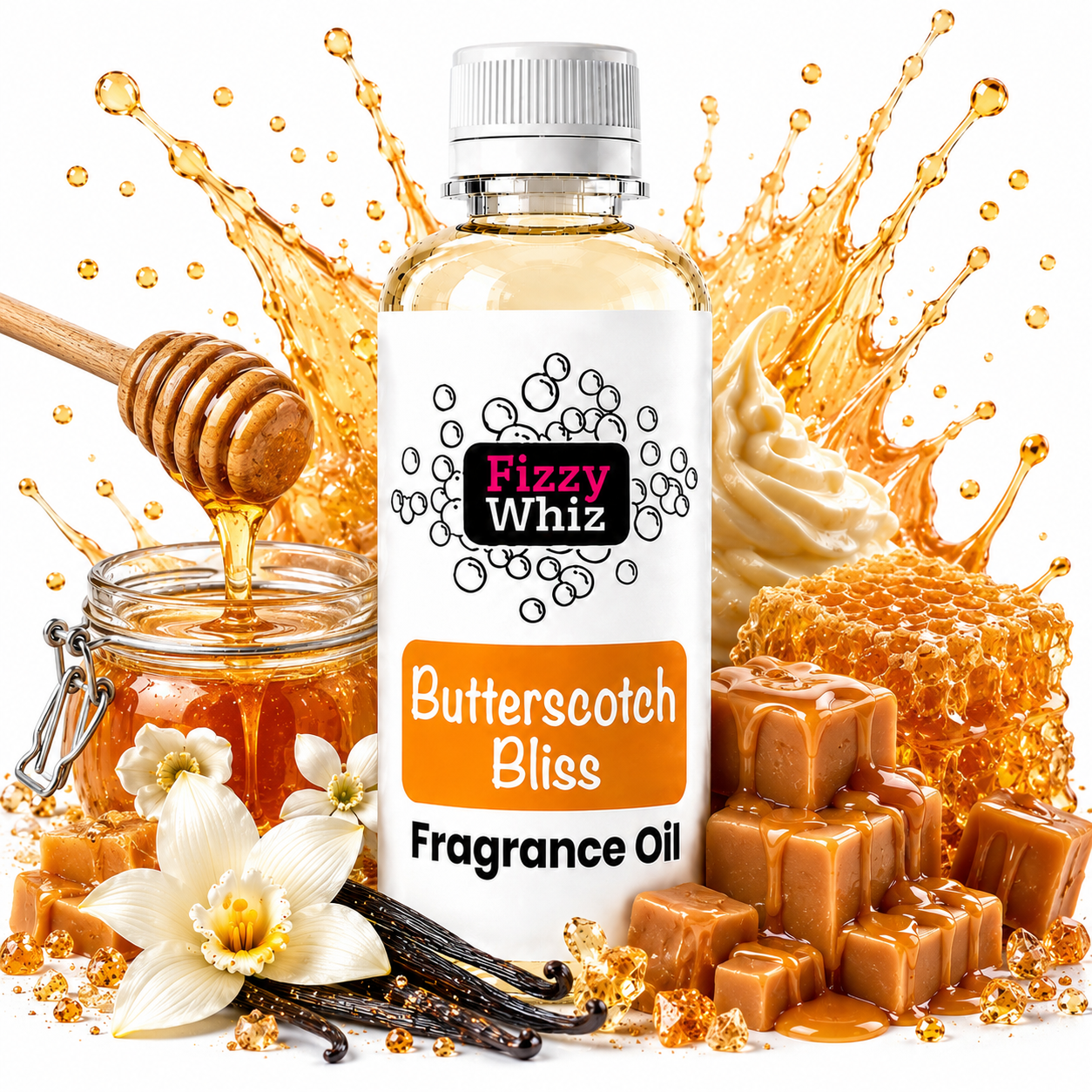 A bottle of Fizzy Whiz Butterscotch Bliss Fragrance Oil centered against a white background, surrounded by honey splashes, a honey dipper, a jar of honey, vanilla beans, white flowers, and caramel cubes. The bottle has a white cap and a white label with orange and black text.