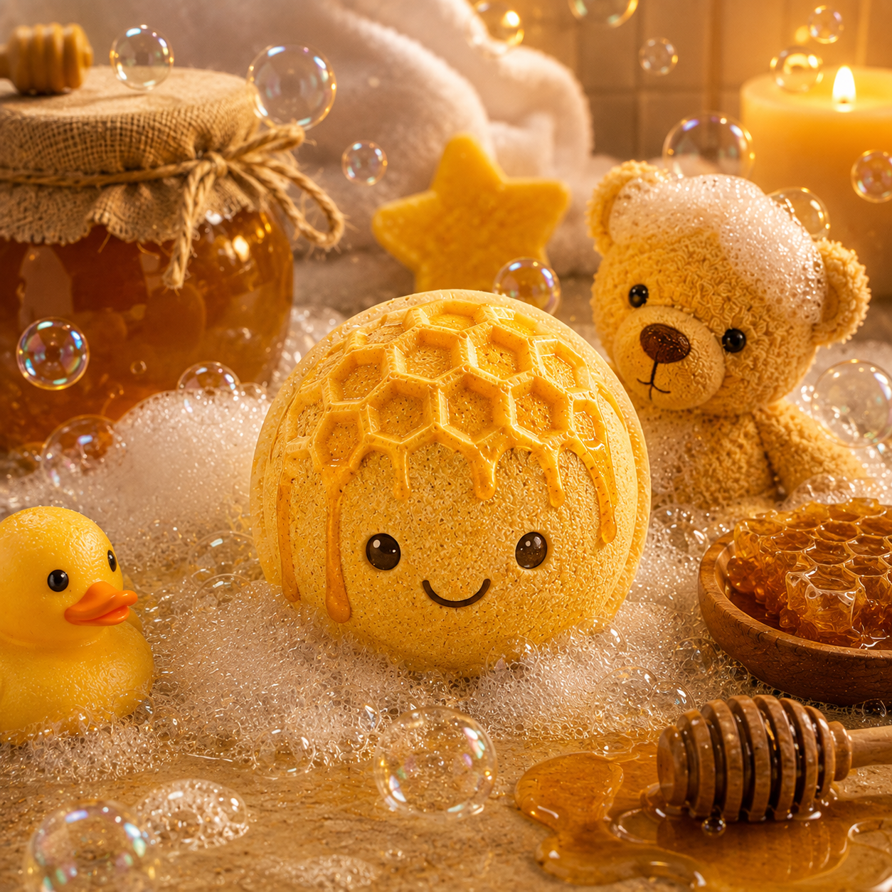 A honey-themed bath scene with a round yellow bath bomb shaped like dripping honey, surrounded by foam bubbles, a small teddy bear, a yellow duck, a jar of honey, a honey dipper, and a lit candle.