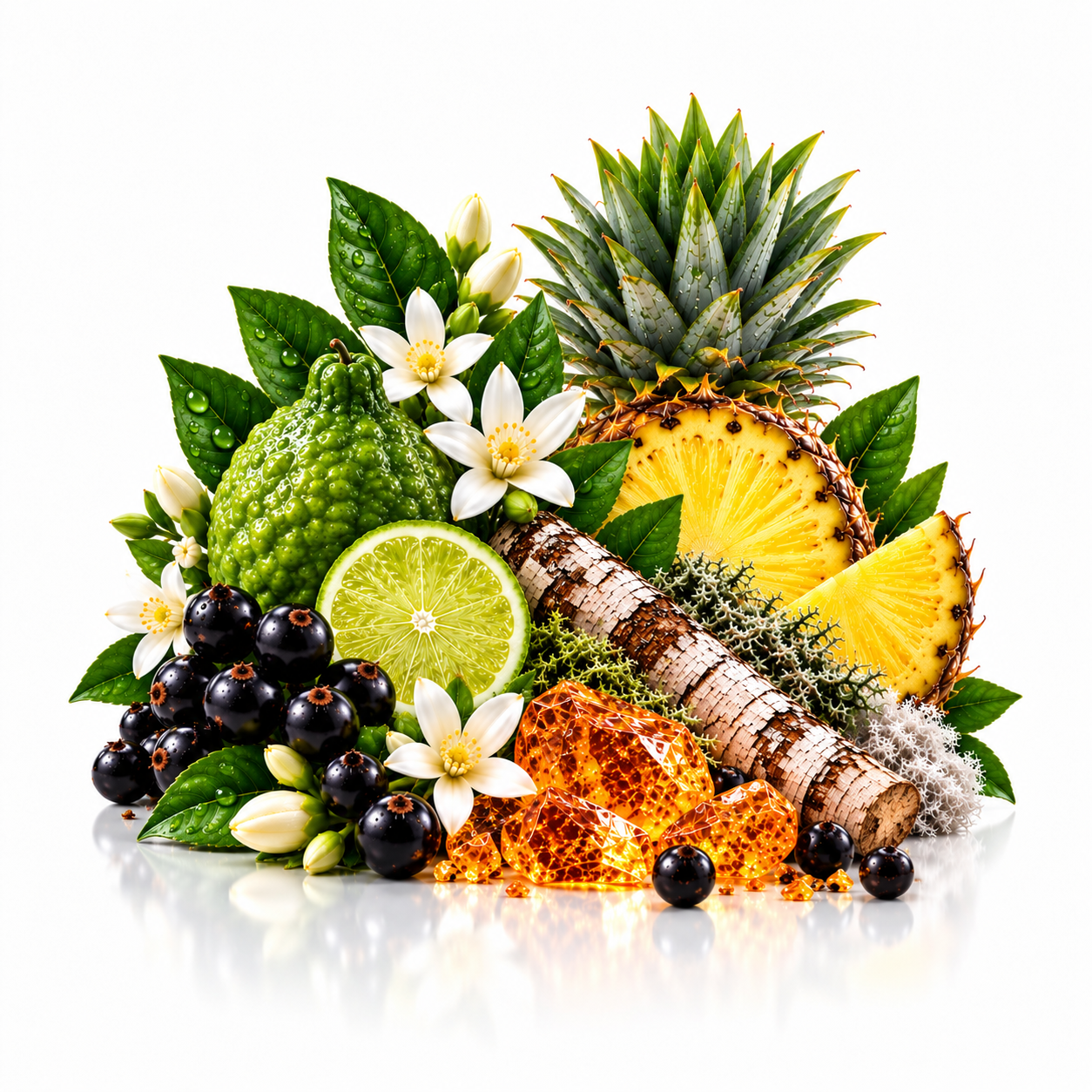 A vibrant fruit and honey blend featuring whole and sliced pineapples, a lime slice, blackberries, white flowers, green leaves, and glistening amber honeycomb arranged on a white reflective surface.