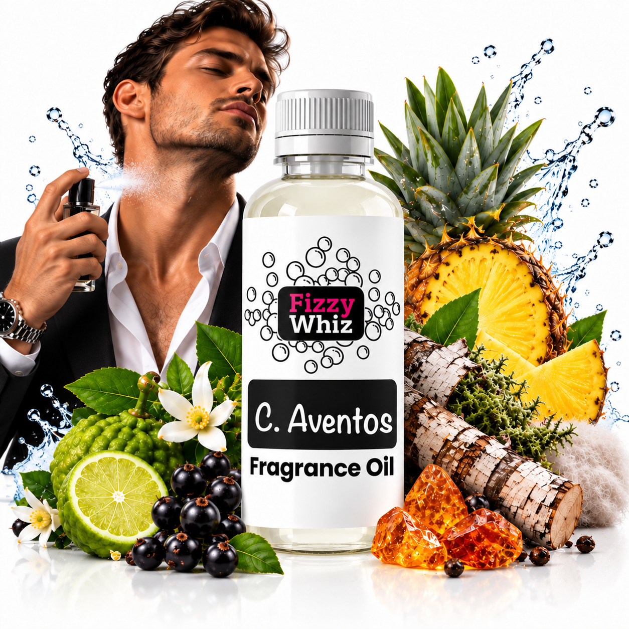 A bottle of Fizzy Whiz C. Aventos Fragrance Oil is centered, surrounded by illustrated scent ingredients including pineapple, lime, berries, birch bark, and amber, with a man spraying fragrance oil in the background.