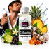 A bottle of Fizzy Whiz C. Aventos Fragrance Oil is centered, surrounded by illustrated scent ingredients including pineapple, lime, berries, birch bark, and amber, with a man spraying fragrance oil in the background.