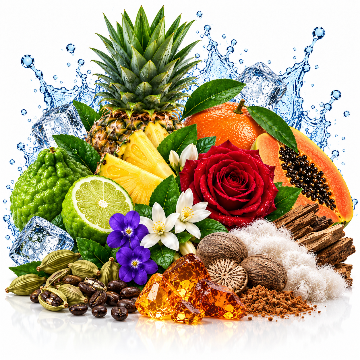 A vibrant still life arrangement of colorful ingredients and spices on a white background with a blue water splash graphic behind it. The arrangement includes a whole pineapple, sliced pineapple, a green kumquat, a red rose, white lilies, purple flowers, papaya, cardamom pods, brown sugar, white cotton, and amber crystals.