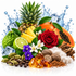 A vibrant still life arrangement of colorful ingredients and spices on a white background with a blue water splash graphic behind it. The arrangement includes a whole pineapple, sliced pineapple, a green kumquat, a red rose, white lilies, purple flowers, papaya, cardamom pods, brown sugar, white cotton, and amber crystals.