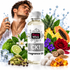 A bottle of Fizzy Whiz CK1 Fragrance Oil centered in a composite product graphic, surrounded by illustrated fragrance ingredients including pineapple, papaya, rose, lime, cardamom, amber, cotton, and water droplets. A man is shown spraying fragrance on his face in the background, with a white studio-style backdrop.