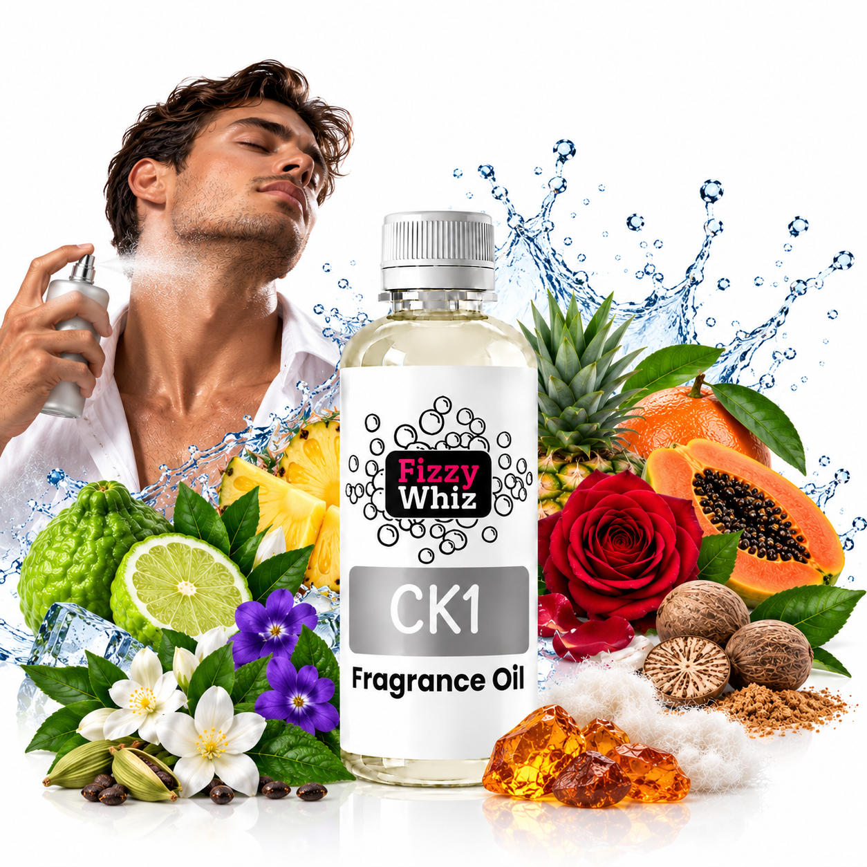 CK1 bottle image in the centre with flowers and notes added 