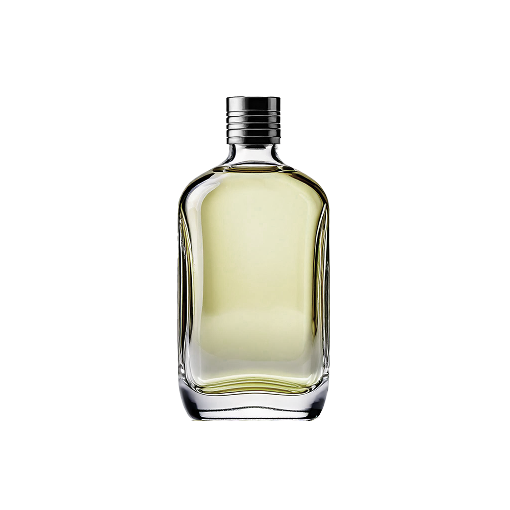 A clear glass bottle filled with yellow liquid, resembling fragrance oil, with a metal cap.