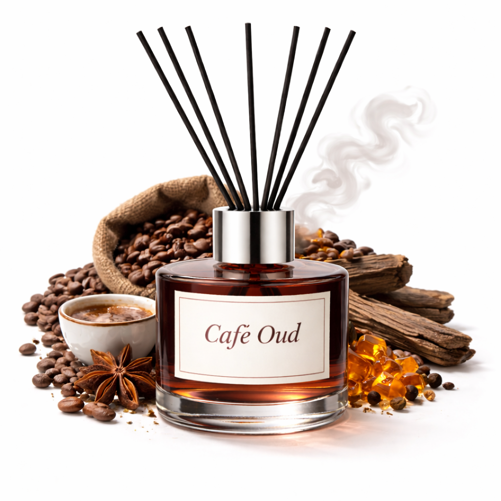 Cafe Oud diffuser with coffee beans, cinnamon sticks, and star anise on a white background