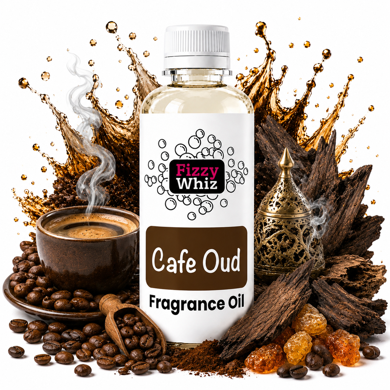 A bottle of Fizzy Whiz Cafe Oud Fragrance Oil centered against a white background, surrounded by coffee-themed props including a cup of espresso with steam, coffee beans, a wooden spoon, coffee powder, amber-colored candies, and a decorative metal incense holder. The bottle label reads 'Fizzy Whiz' and 'Cafe Oud Fragrance Oil'.