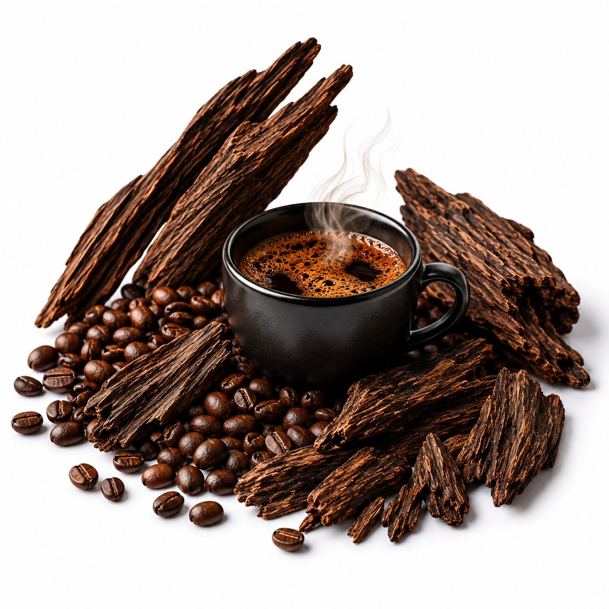 A black ceramic cup filled with steaming coffee sits on a white background, surrounded by roasted coffee beans and dark brown wood slices.