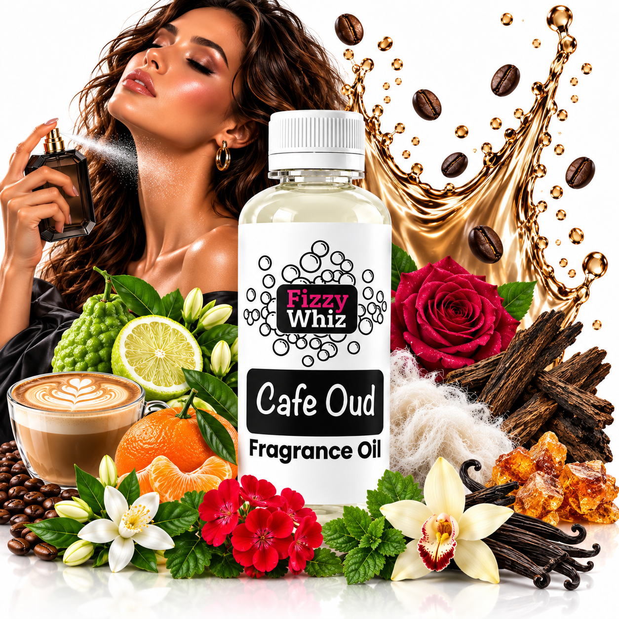 A bottle of Fizzy Whiz Cafe Oud Fragrance Oil centered in a highly styled commercial composition. The bottle is surrounded by scent-inspired ingredients including coffee beans, a rose, vanilla flowers, citrus slices, green grapes, wood bark, and a latte.