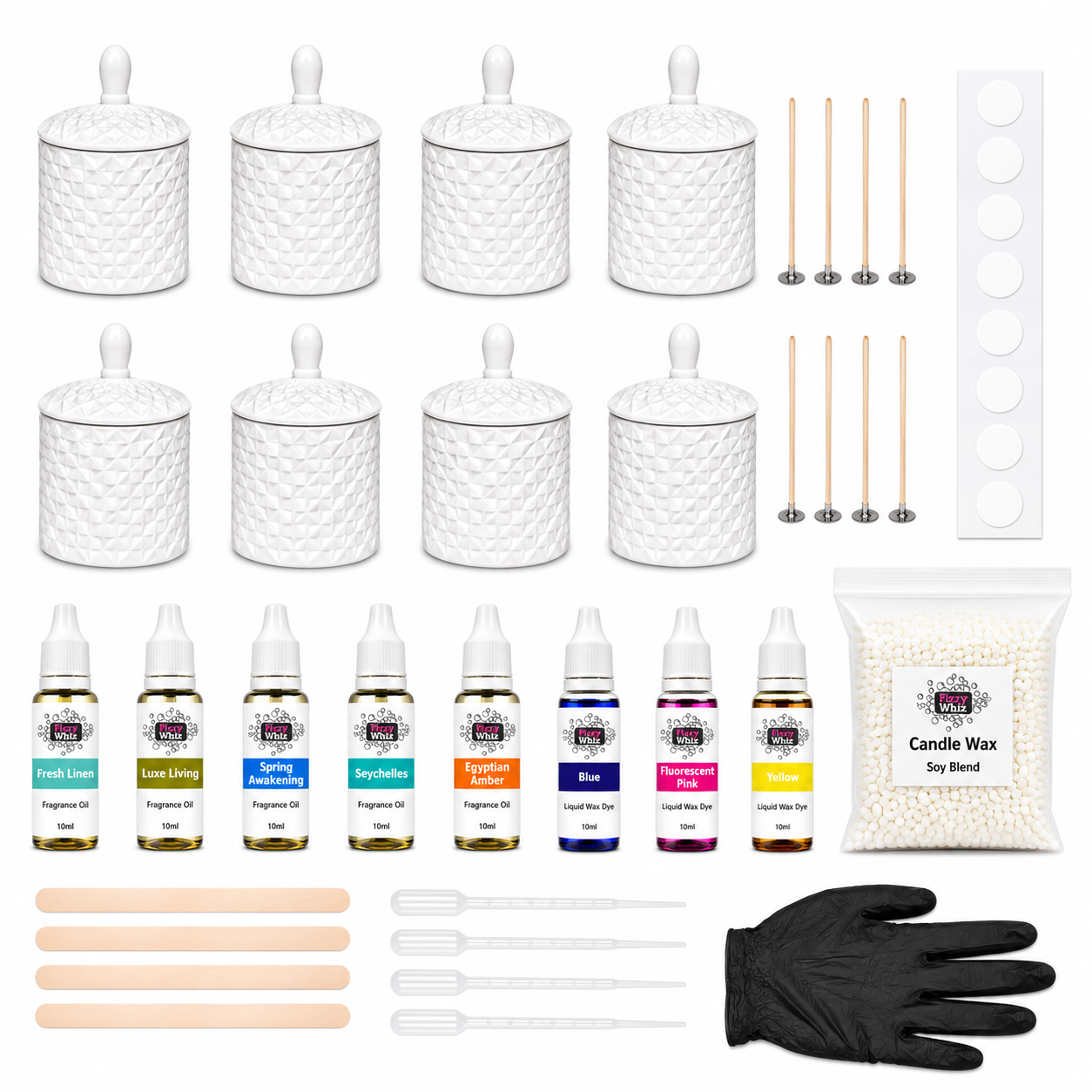 A candle wax melting kit with 12 textured glass jars, 12 wooden wicks, 12 wax melts, 10 fragrance oil bottles, a bag of soy wax blend, wooden spatulas, plastic droppers, a black glove, and a white label sheet, all arranged on a white background.