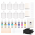A candle wax melting kit with 12 textured glass jars, 12 wooden wicks, 12 wax melts, 10 fragrance oil bottles, a bag of soy wax blend, wooden spatulas, plastic droppers, a black glove, and a white label sheet, all arranged on a white background.