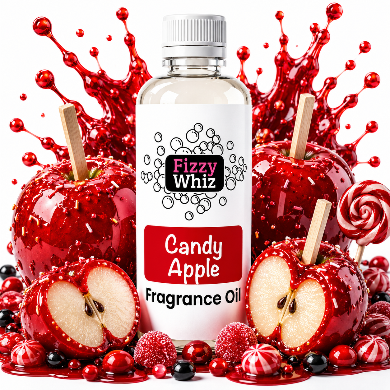 A bottle of Fizzy Whiz Candy Apple Fragrance Oil centered against a white background, surrounded by glossy red candy apples, sliced apples, sprinkles, berries, and a lollipop, with red liquid splashes behind it.