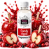 A bottle of Fizzy Whiz Candy Apple Fragrance Oil centered against a white background, surrounded by glossy red candy apples, sliced apples, sprinkles, berries, and a lollipop, with red liquid splashes behind it.