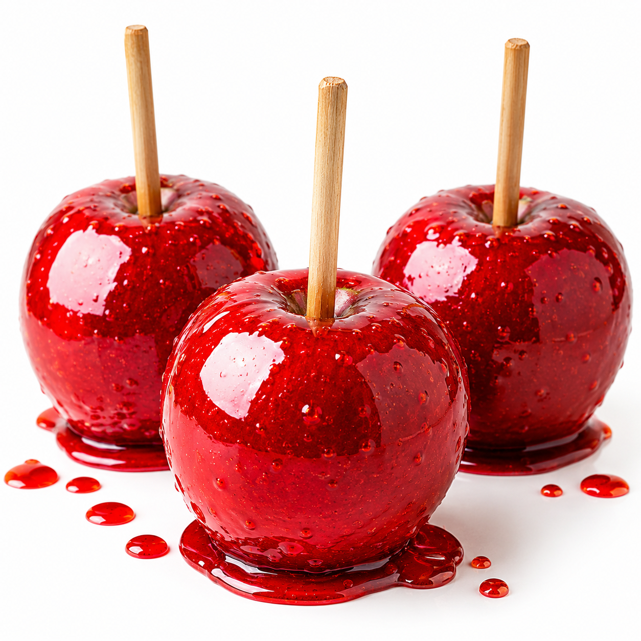 Three glossy red candy apples with wooden sticks, coated in a sparkling red glaze and dripping with syrup on a white background.
