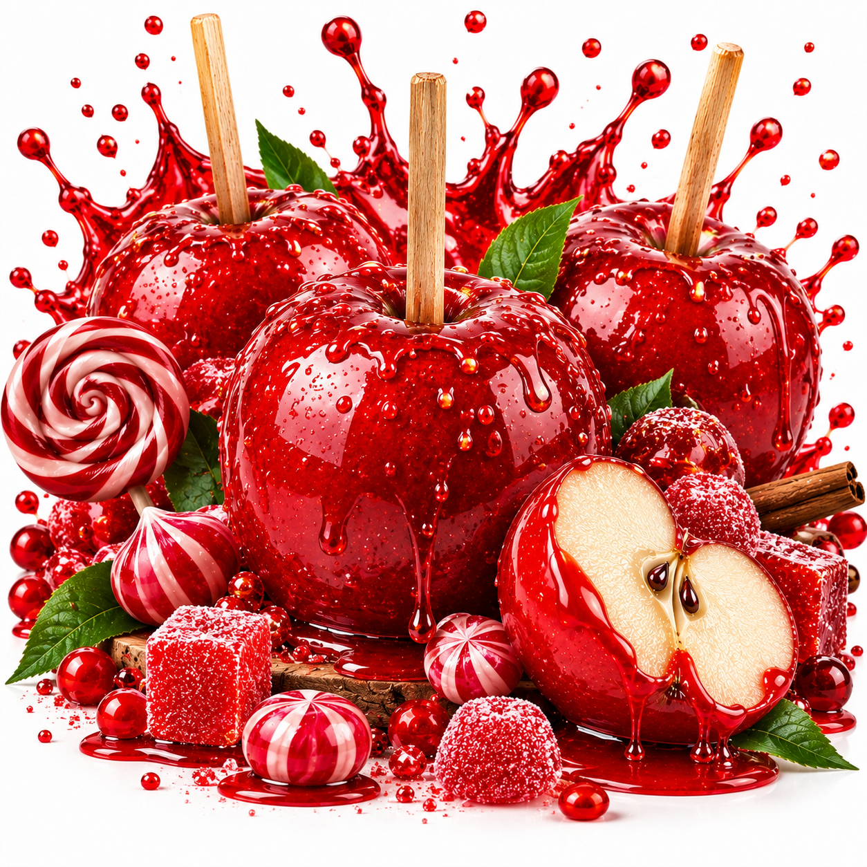 A festive, highly stylized arrangement of red glittery candy apples on a white background, featuring whole and sliced apples, red candy, gummy candies, cinnamon sticks, and green leaves, with a dynamic red liquid splash effect.