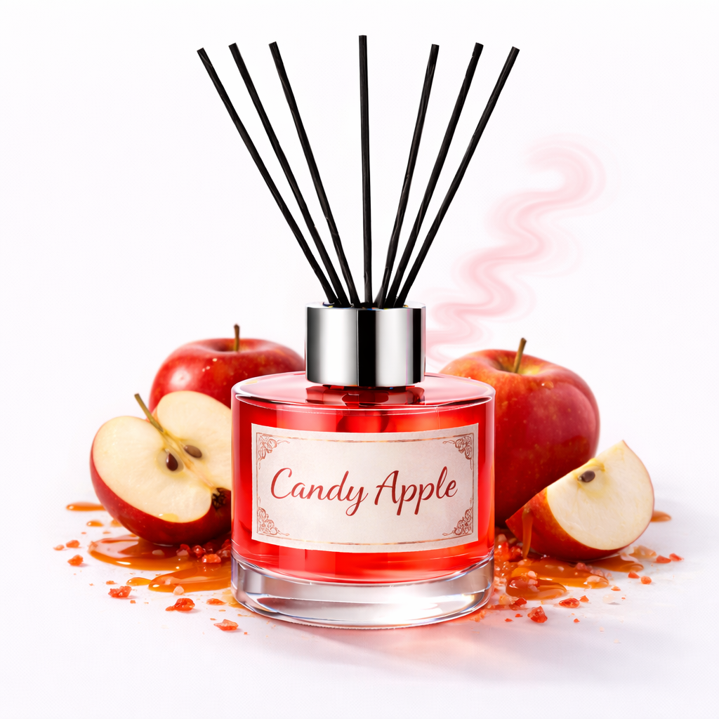 Reed diffuser labeled 'Candy Apple' with red apples and apple pieces on a white background