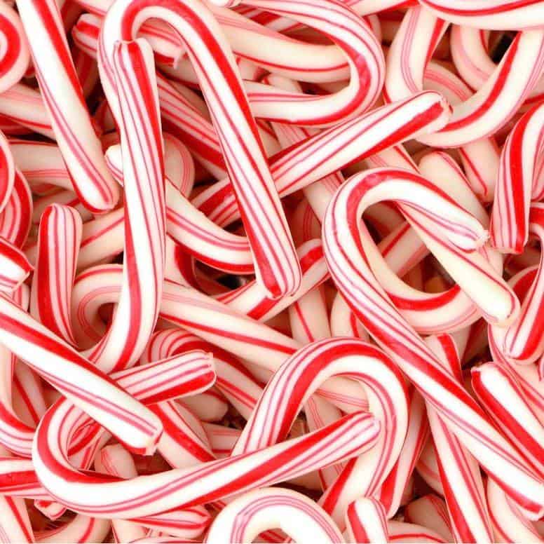 A close-up image of multiple candy cane candies, showcasing their striped red and white pattern.