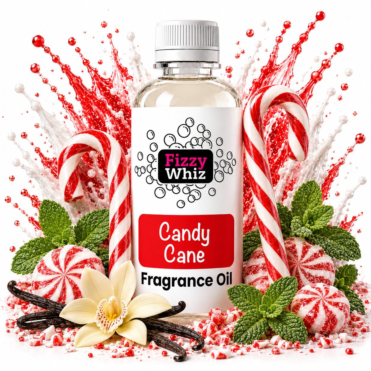 A bottle of Fizzy Whiz Candy Cane Fragrance Oil centered on a white background, surrounded by candy canes, peppermint candies, mint leaves, vanilla beans, and a cream orchid flower.