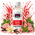 A bottle of Fizzy Whiz Candy Cane Fragrance Oil centered on a white background, surrounded by candy canes, peppermint candies, mint leaves, vanilla beans, and a cream orchid flower.