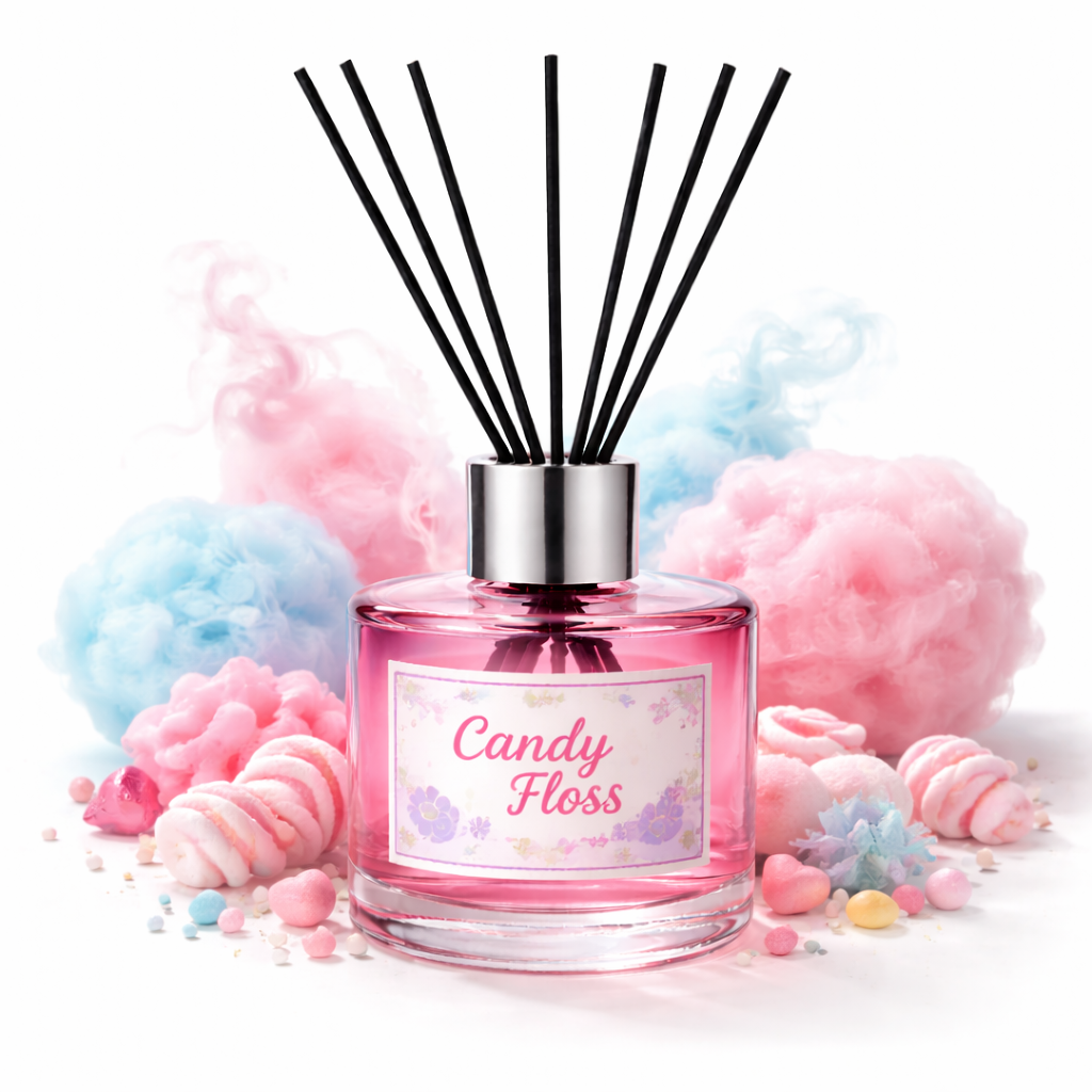 Diffuser with 'Candy Floss' label surrounded by candy-themed decorations on a white background
