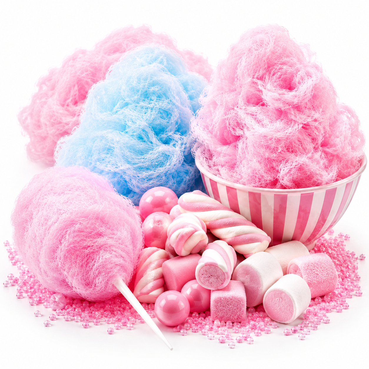 Pink and blue cotton candy with pink and white marshmallows and candy pieces arranged on a white background.