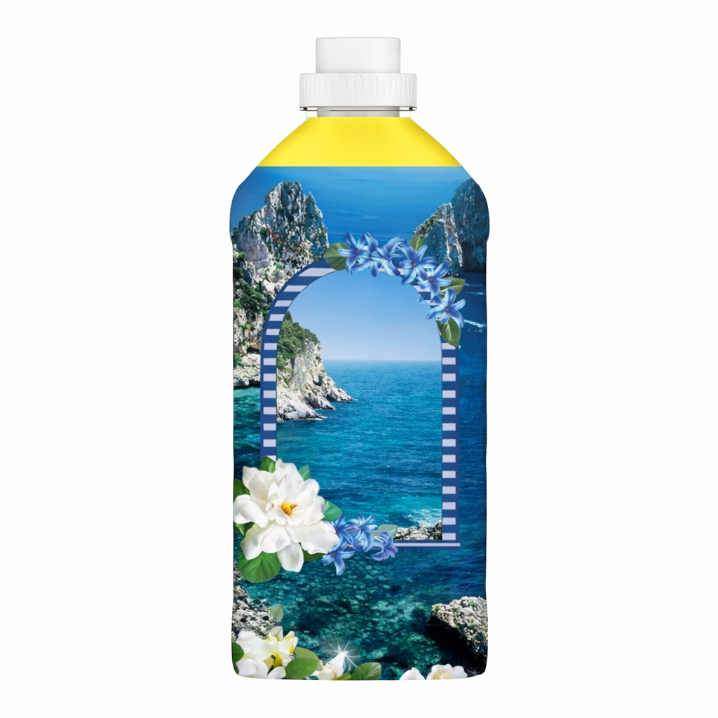 Bottle with a scenic design of a coastal landscape and flowers on a white background