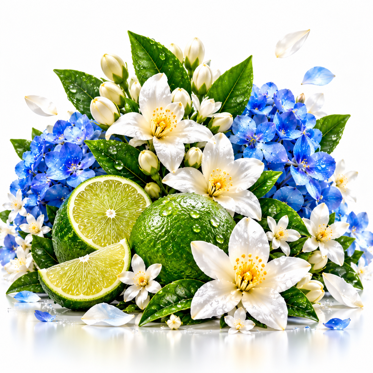 A vibrant floral and fruit arrangement featuring blue flowers, white blossoms with yellow centers, green leaves, and whole and sliced limes on a clean white background.