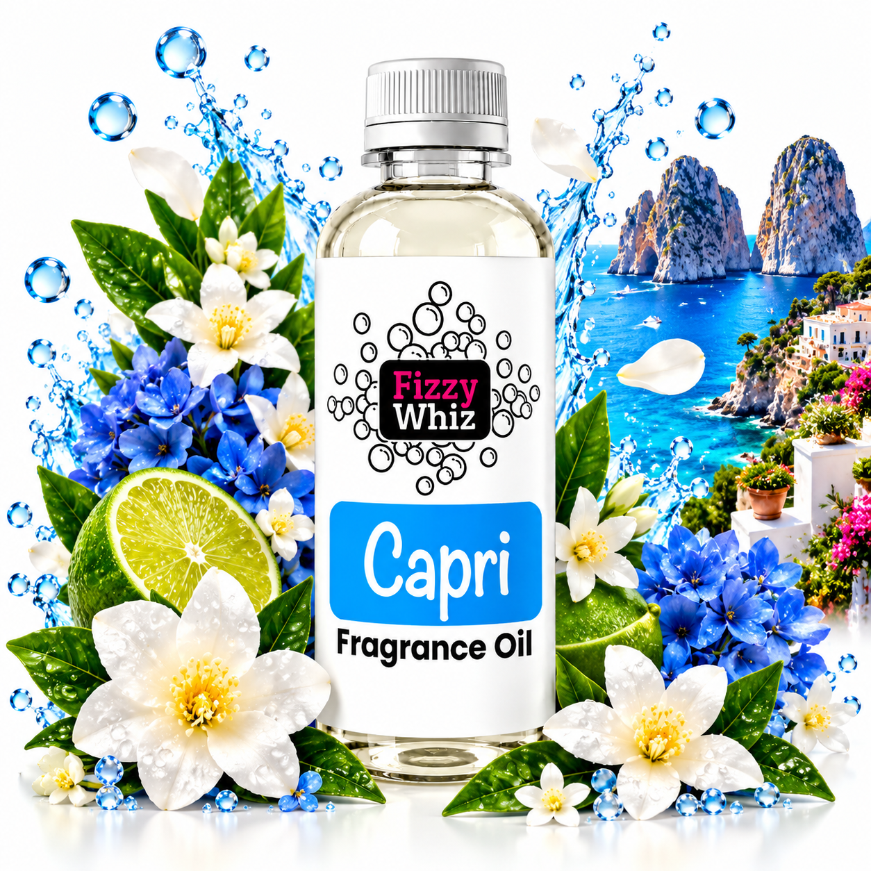 A bottle of Fizzy Whiz Capri Fragrance Oil centered against a white background, surrounded by decorative tropical and coastal imagery including blue flowers, limes, water droplets, and a scenic coastal landscape. The bottle label reads 'Fizzy Whiz' and 'Capri Fragrance Oil.