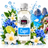 A bottle of Fizzy Whiz Capri Fragrance Oil centered against a white background, surrounded by decorative tropical and coastal imagery including blue flowers, limes, water droplets, and a scenic coastal landscape. The bottle label reads 'Fizzy Whiz' and 'Capri Fragrance Oil.