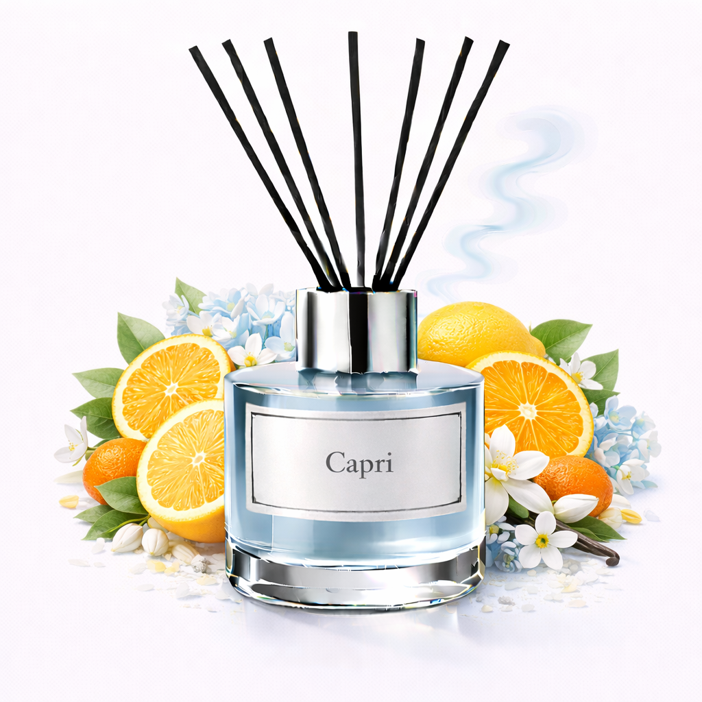 Diffuser with 'Capri' label surrounded by fruits and flowers on a white background