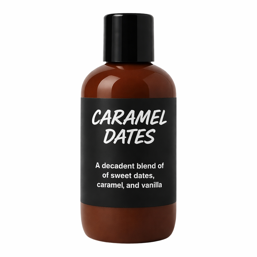Bottle labeled 'Caramel Dates' with a black cap on a white background