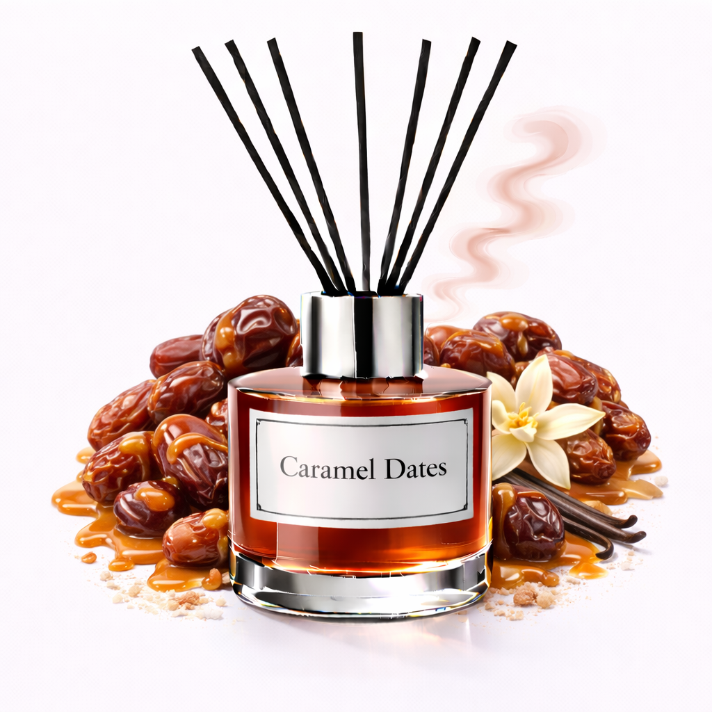 Reed diffuser labeled 'Caramel Dates' surrounded by dates and vanilla beans on a white background