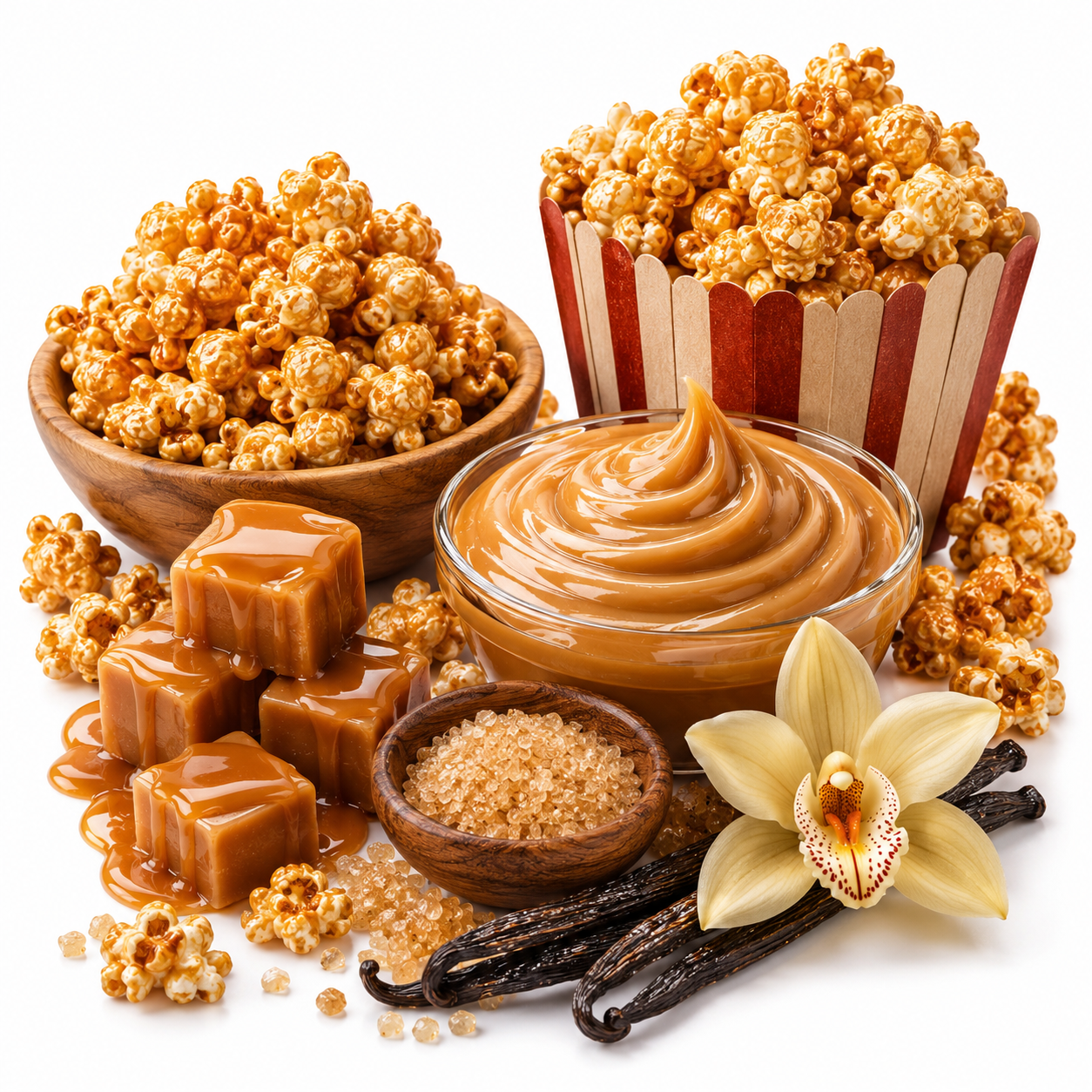 Caramel popcorn and caramel sauce ingredients arranged on a white background, including two bowls of popcorn, a glass bowl of smooth caramel sauce, caramel cubes, brown sugar, vanilla beans, and a vanilla orchid flower.