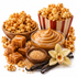 Caramel popcorn and caramel sauce ingredients arranged on a white background, including two bowls of popcorn, a glass bowl of smooth caramel sauce, caramel cubes, brown sugar, vanilla beans, and a vanilla orchid flower.