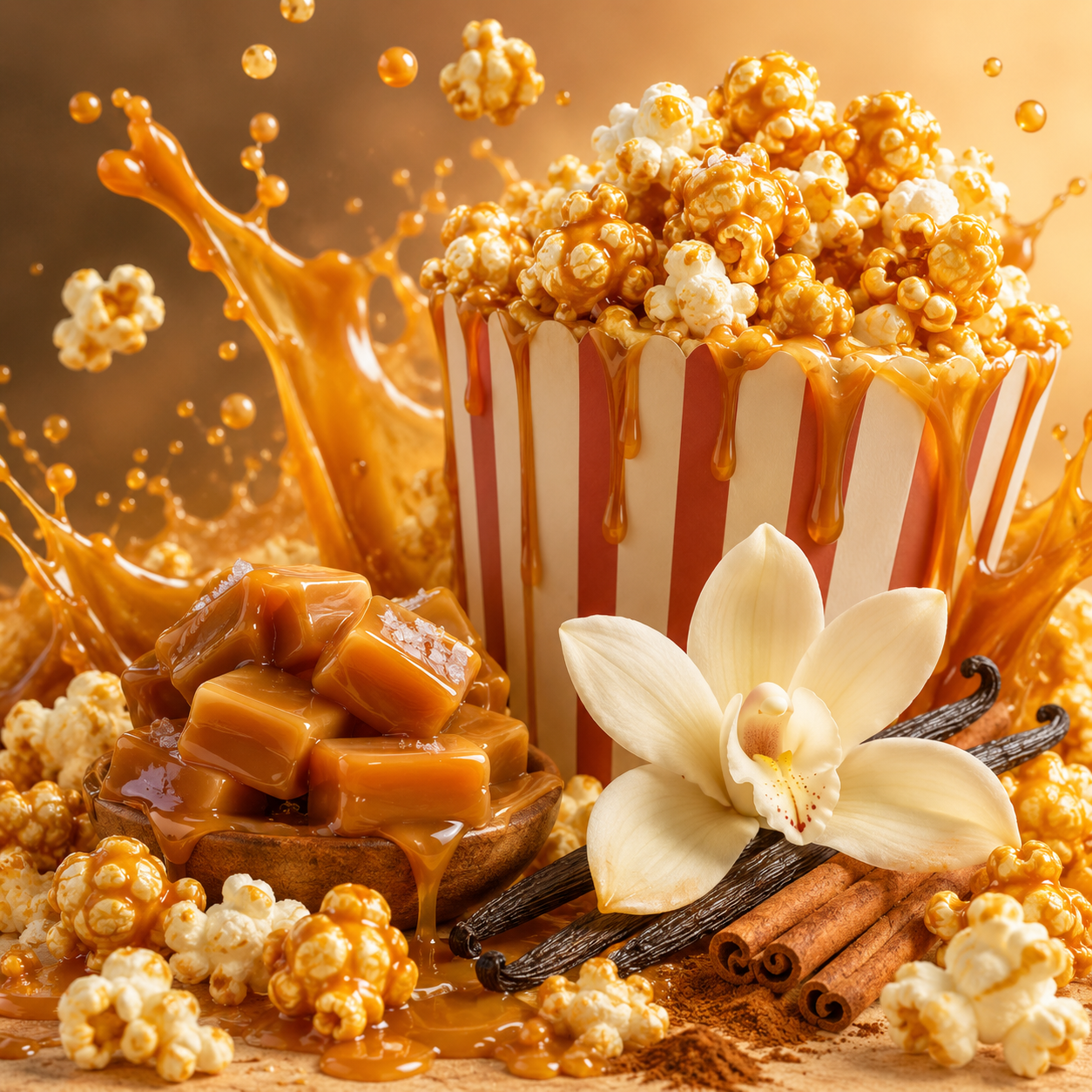 Caramel popcorn in a red-and-white striped bucket, caramel cubes on a wooden dish, vanilla beans, cinnamon sticks, and a white orchid flower against a warm caramel splash background.