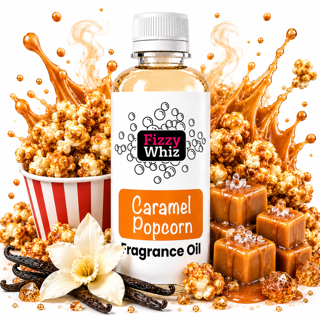 A bottle of Fizzy Whiz Caramel Popcorn fragrance oil centered against a white background, surrounded by caramel popcorn, caramel cubes, vanilla beans, and a vanilla flower. The bottle has a white cap and a white label with orange and black text.