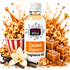 A bottle of Fizzy Whiz Caramel Popcorn fragrance oil centered against a white background, surrounded by caramel popcorn, caramel cubes, vanilla beans, and a vanilla flower. The bottle has a white cap and a white label with orange and black text.