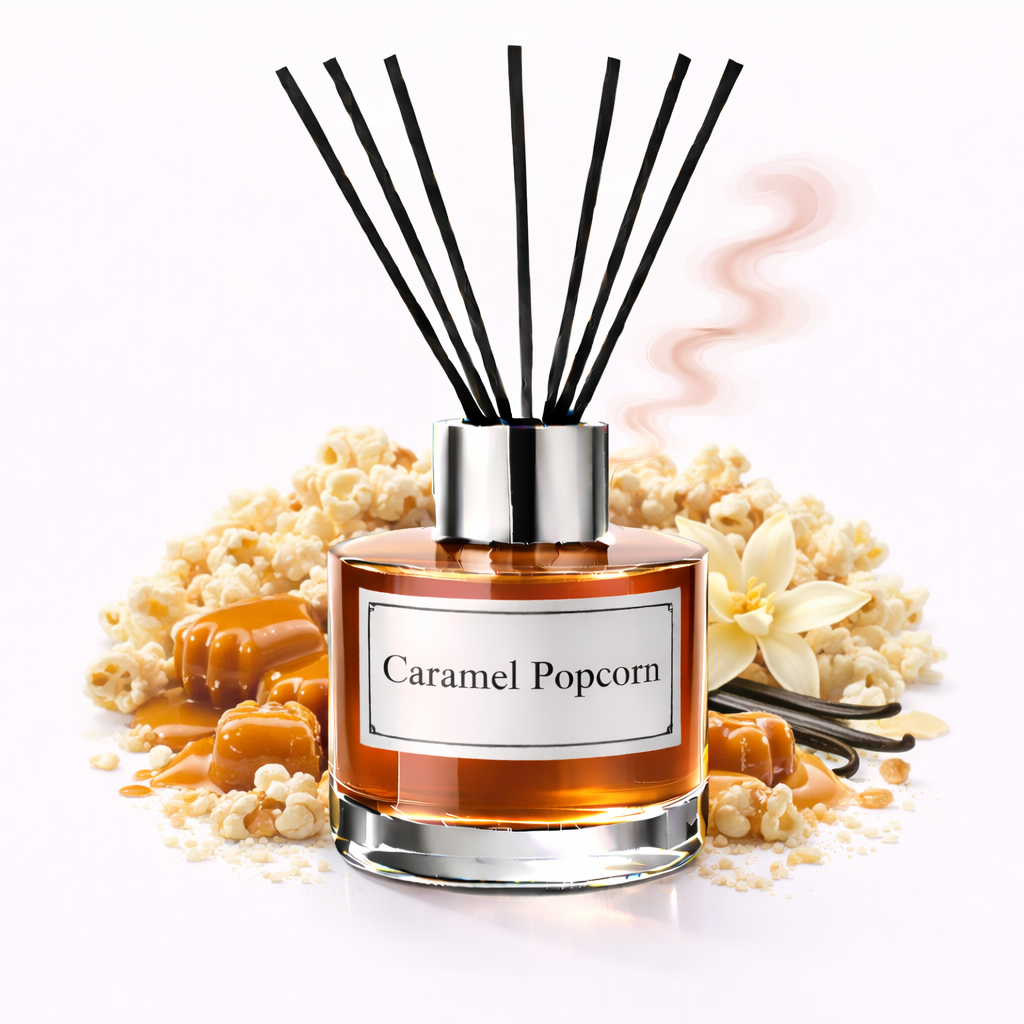 Diffuser labeled 'Caramel Popcorn' with decorative elements on a white background