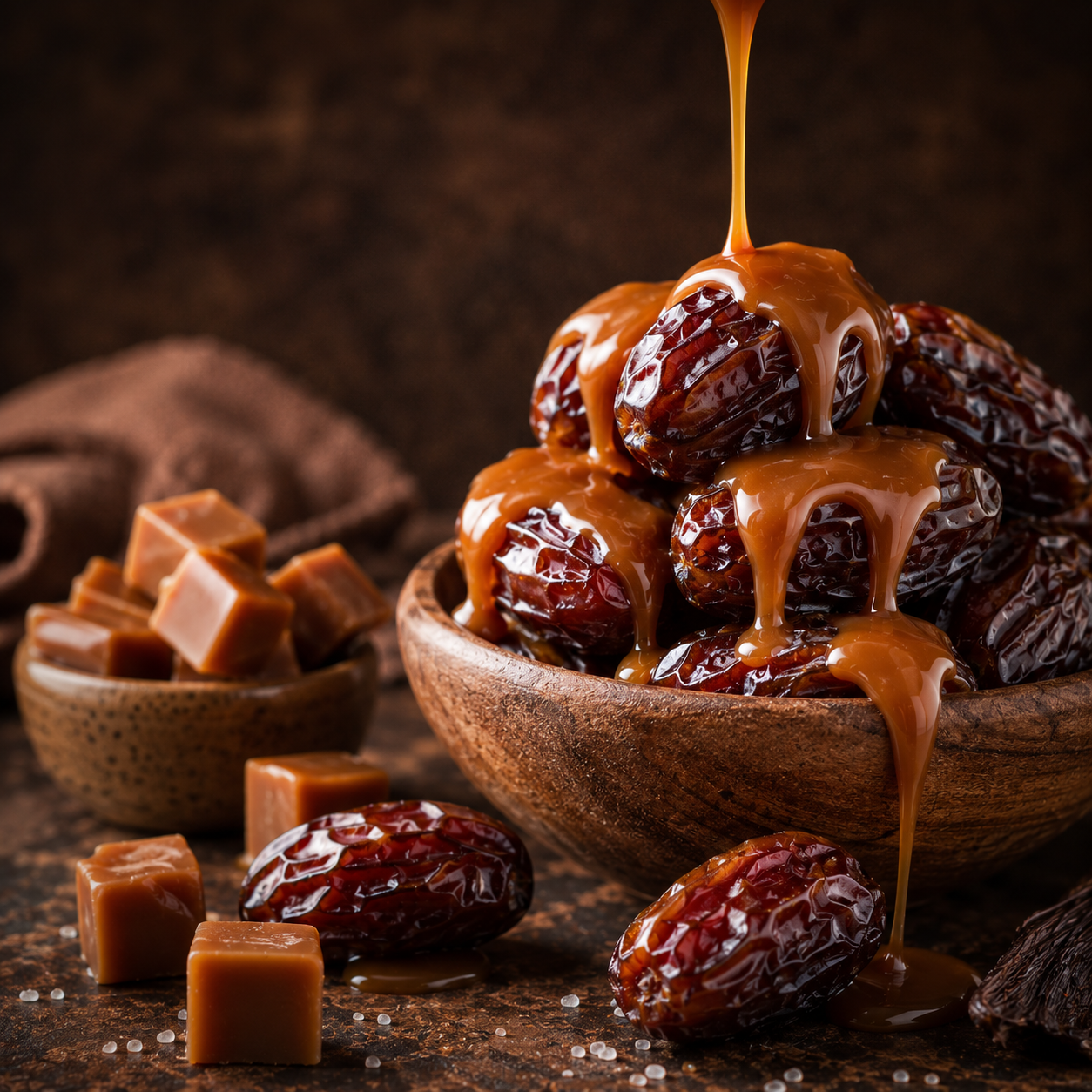 A wooden bowl filled with dark red dates being drizzled with glossy caramel sauce, with caramel cubes and additional loose dates scattered around on a rustic dark brown surface.