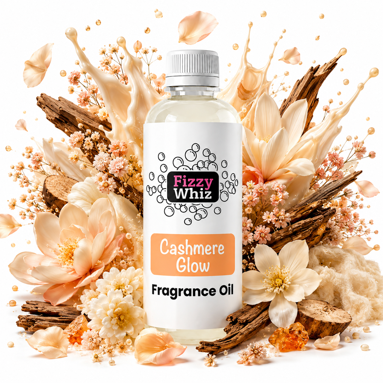A bottle of Fizzy Whiz Cashmere Glow Fragrance Oil centered against a white background, surrounded by decorative dried flowers, petals, bark, and small amber droplets. The bottle has a white cap and a white label with the brand name Fizzy Whiz and the scent name Cashmere Glow.