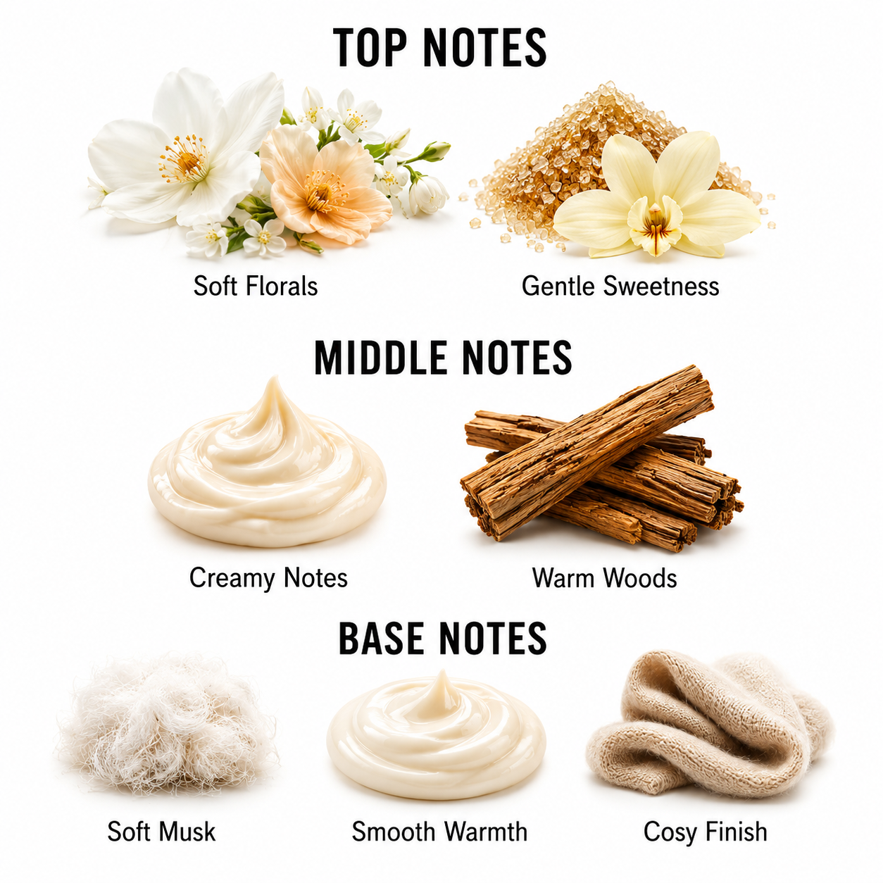 A fragrance notes graphic on a white background with three labeled sections: Top Notes, Middle Notes, and Base Notes. Top Notes show soft florals and gentle sweetness with flowers and a beige powder pile.