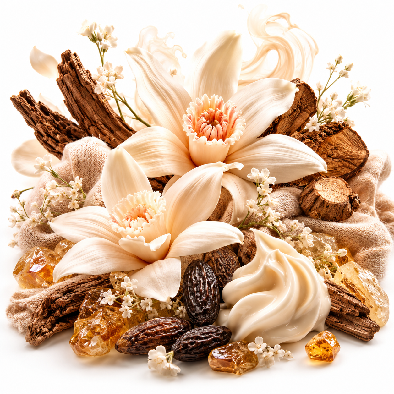 A styled botanical arrangement featuring large cream-colored magnolia-like flowers, dried brown bark pieces, small white flowers, amber and honeycomb crystals, and dark brown dates on a clean white background.