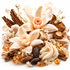 A styled botanical arrangement featuring large cream-colored magnolia-like flowers, dried brown bark pieces, small white flowers, amber and honeycomb crystals, and dark brown dates on a clean white background.
